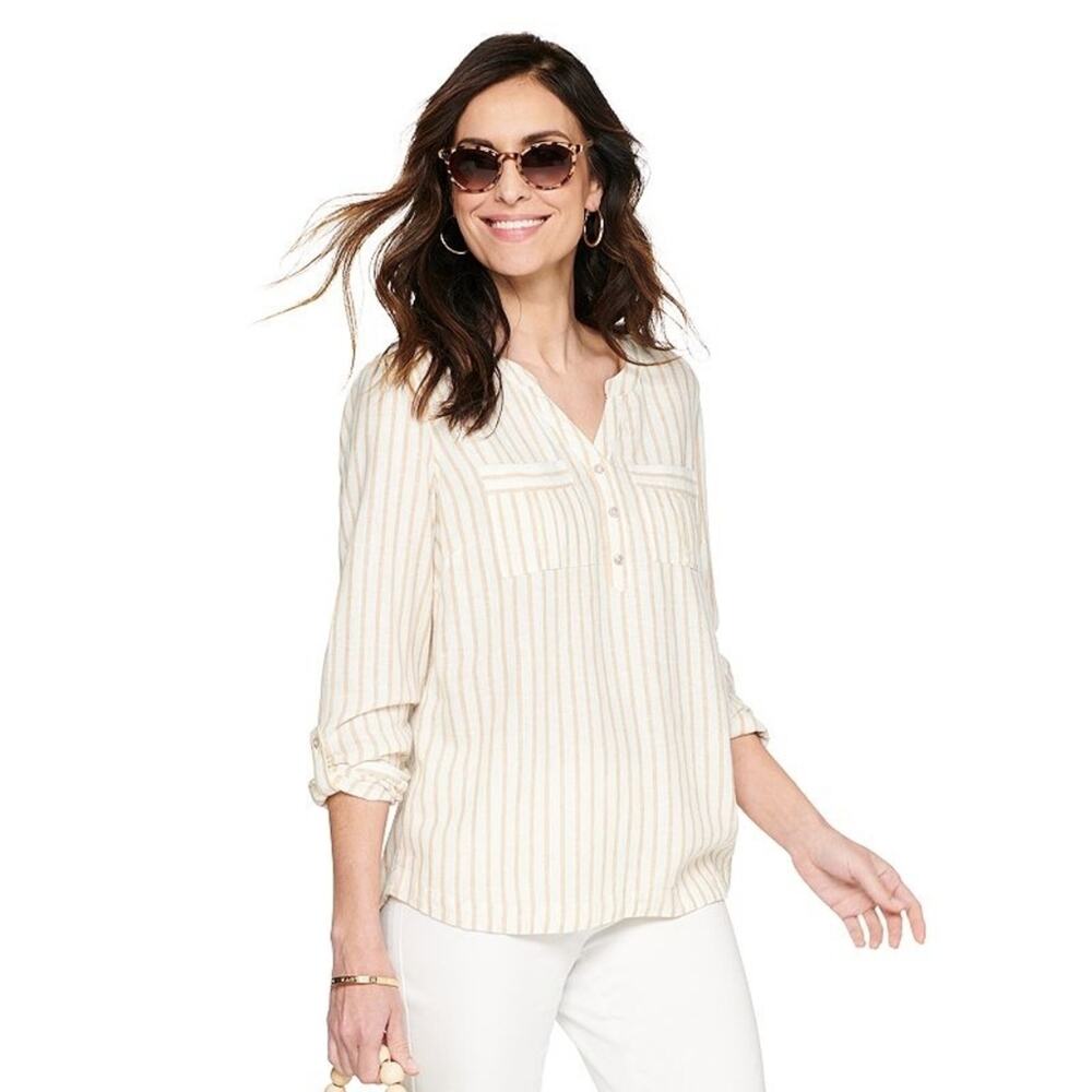 Relaxed Fit Striped Cream Women's Top Croft&barrow Roll Tab Linen Blend Size L